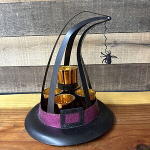 Witch's Hat Metal 5 Tea Light Votive Holder Halloween Decor Black Spider
